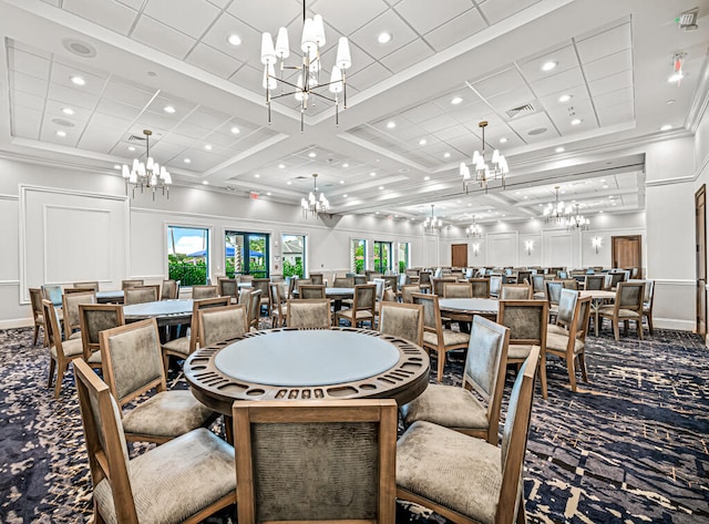 dining space with crown molding, carpet floors, beam ceiling, and coffered ceiling