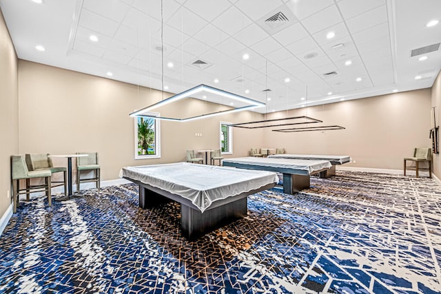 recreation room featuring carpet flooring and billiards