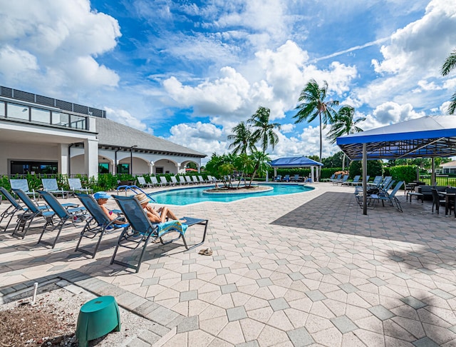 view of swimming pool featuring a patio