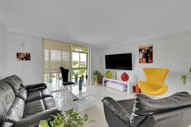 tiled living room featuring ornamental molding and expansive windows