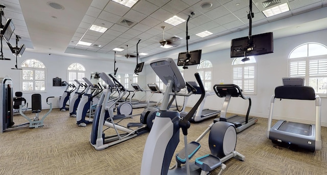 exercise room featuring a paneled ceiling, plenty of natural light, and carpet floors