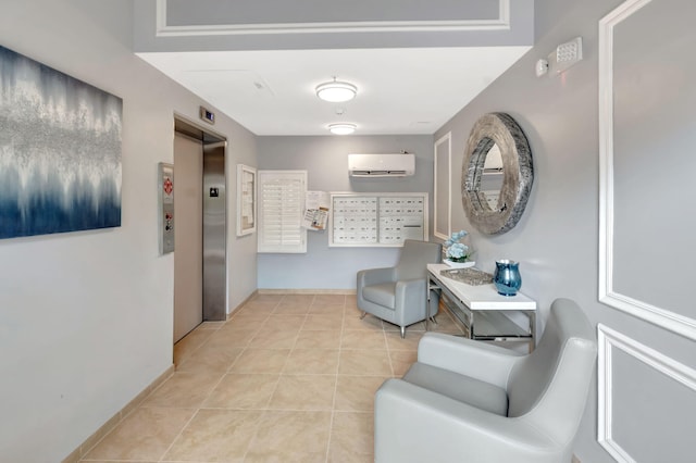 interior space featuring elevator, an AC wall unit, and light tile patterned flooring