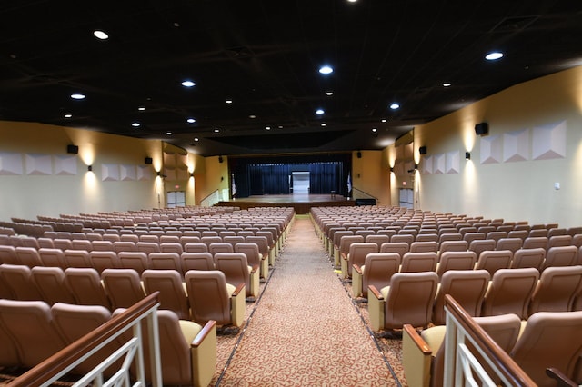 cinema room featuring light carpet