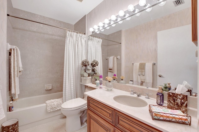 full bathroom with toilet, visible vents, shower / bath combination with curtain, and vanity