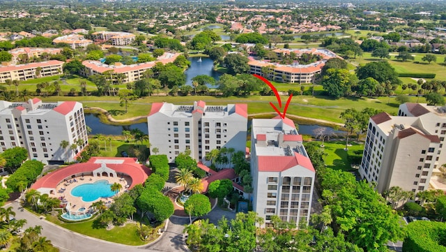 aerial view featuring a water view