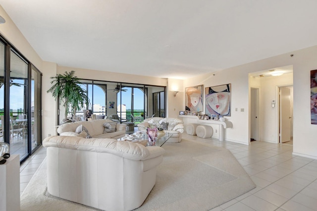 living area featuring light tile patterned flooring