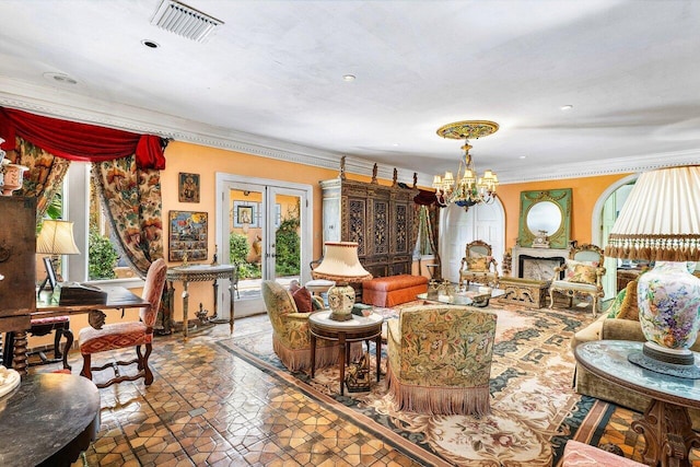 living room with tile patterned flooring, ornamental molding, an inviting chandelier, and french doors