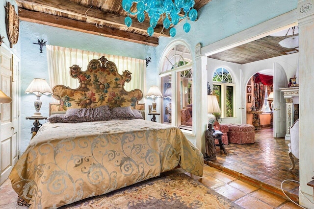 tiled bedroom featuring wood ceiling and beamed ceiling