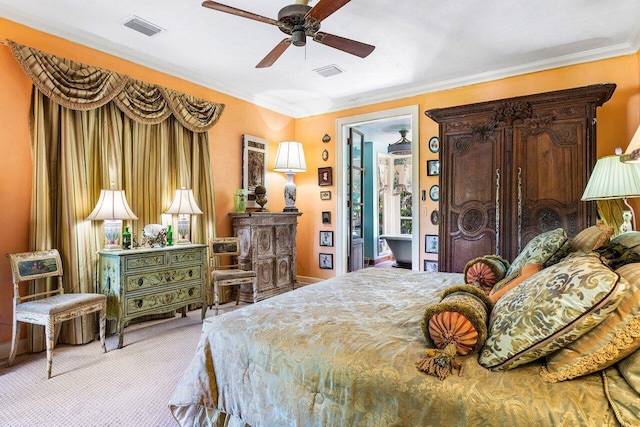 bedroom with ceiling fan, crown molding, and light carpet