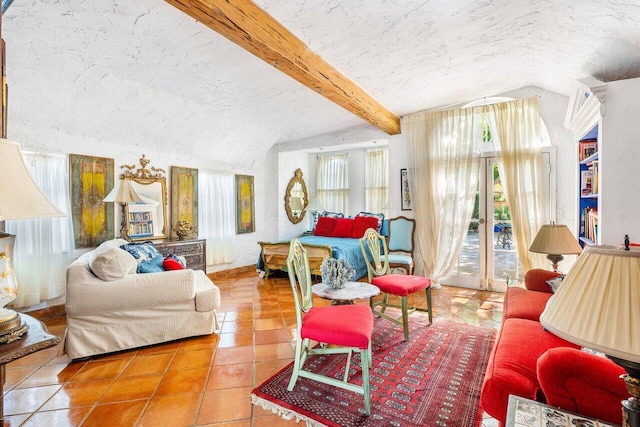 tiled living room featuring a textured ceiling and lofted ceiling with beams