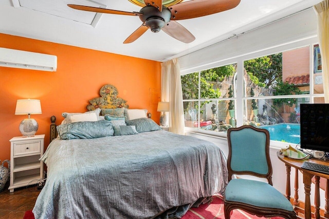 bedroom featuring ceiling fan, tile patterned flooring, and a wall unit AC