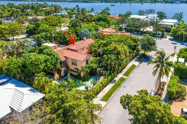 birds eye view of property with a water view