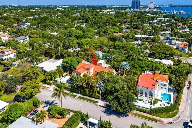 drone / aerial view featuring a water view