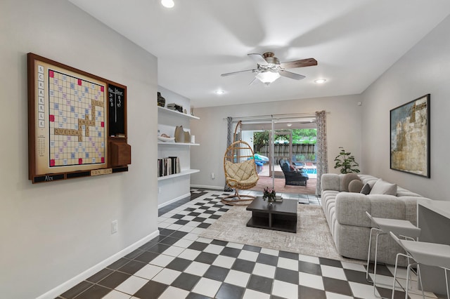 living room with ceiling fan