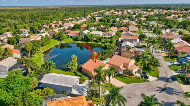 drone / aerial view featuring a water view