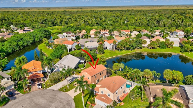 drone / aerial view featuring a water view