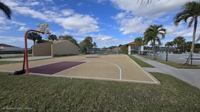 view of basketball court with a gazebo and a yard