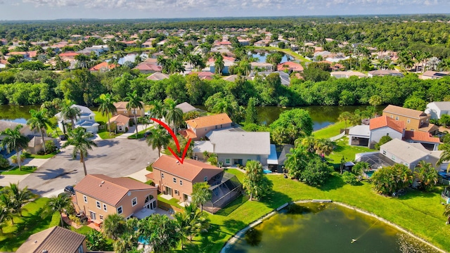 bird's eye view with a water view