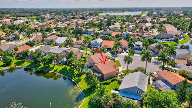 drone / aerial view featuring a water view