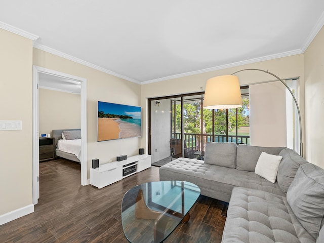 living room featuring ornamental molding and dark hardwood / wood-style floors