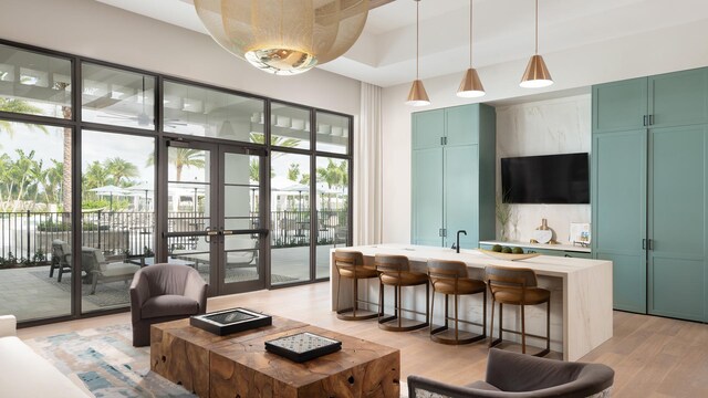 carpeted office space featuring an inviting chandelier