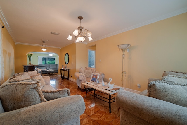 living room with a notable chandelier and ornamental molding