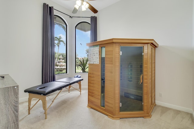 interior space with light carpet and ceiling fan