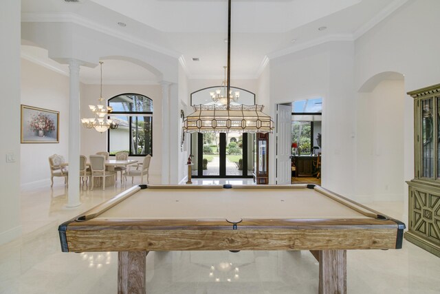 rec room featuring crown molding, billiards, and an inviting chandelier