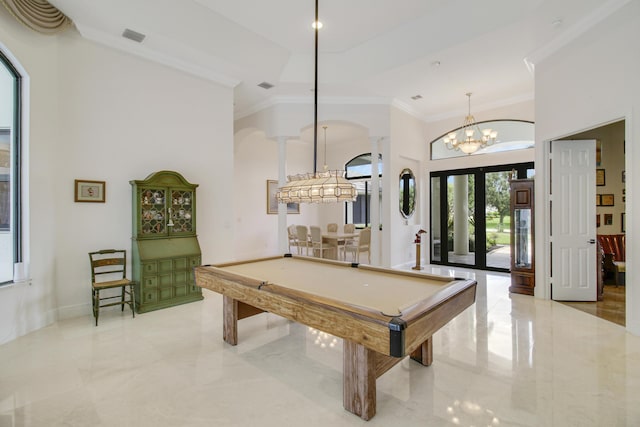 game room featuring a chandelier, french doors, ornamental molding, and pool table