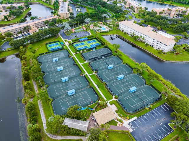 drone / aerial view with a water view