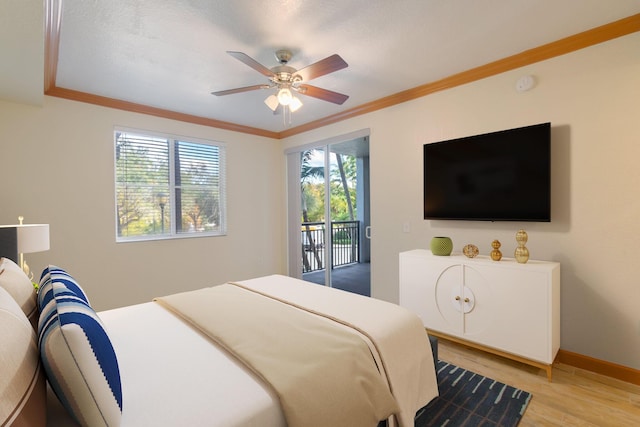 bedroom with crown molding, light wood-type flooring, access to outside, and ceiling fan