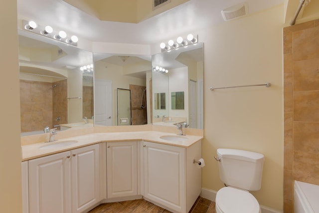 bathroom with vanity, toilet, and walk in shower