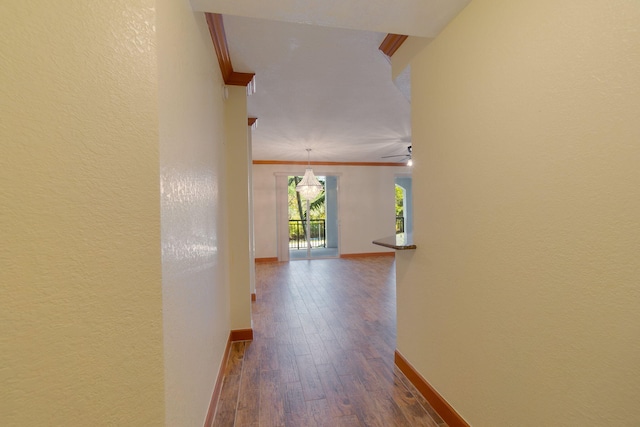 corridor featuring ornamental molding and wood-type flooring