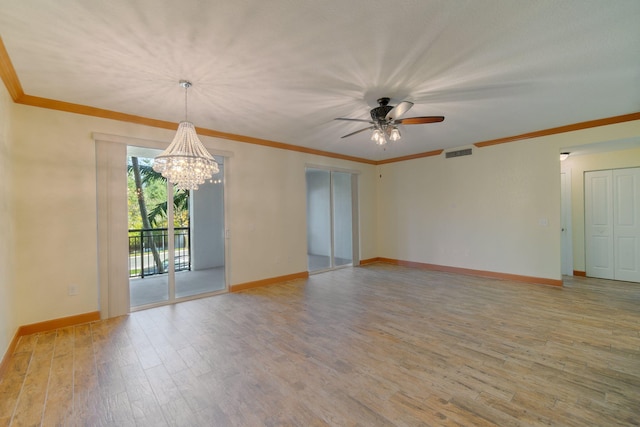 spare room featuring ornamental molding, ceiling fan with notable chandelier, and light hardwood / wood-style flooring