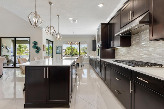 kitchen with hanging light fixtures, tasteful backsplash, an island with sink, dark brown cabinets, and appliances with stainless steel finishes