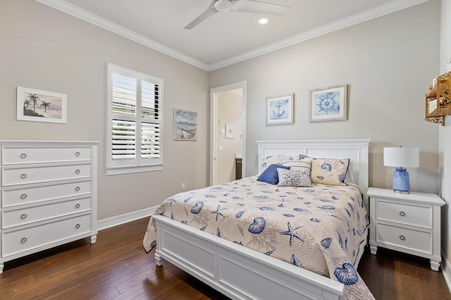 bedroom with ceiling fan, dark hardwood / wood-style floors, and ornamental molding