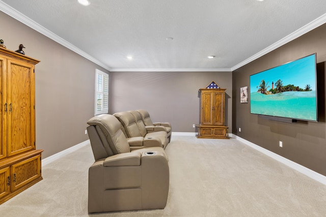 home theater room with light colored carpet and ornamental molding