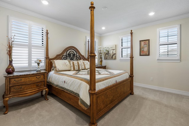 carpeted bedroom with ornamental molding and multiple windows