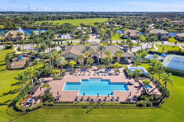 aerial view featuring a water view