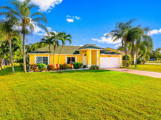 ranch-style home with a garage and a front lawn