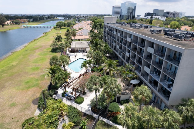 birds eye view of property featuring a water view