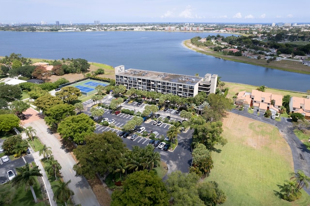 bird's eye view with a water view