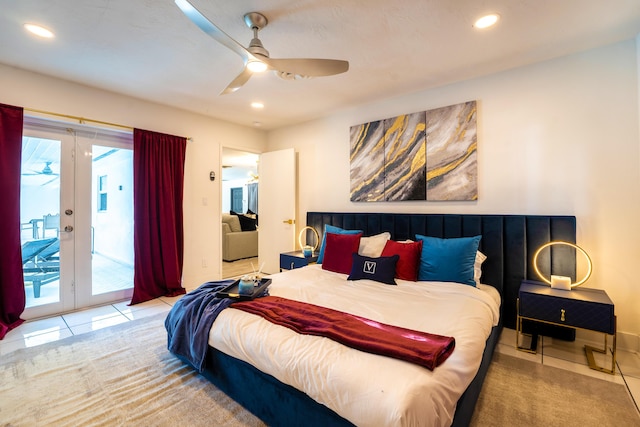 bedroom featuring ceiling fan, french doors, access to exterior, and light tile patterned floors