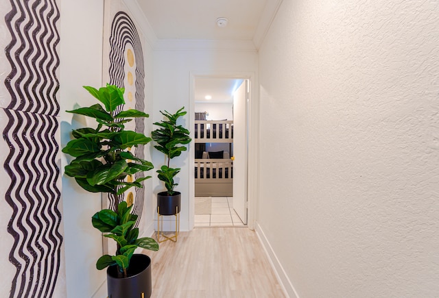 hall featuring crown molding and light hardwood / wood-style floors