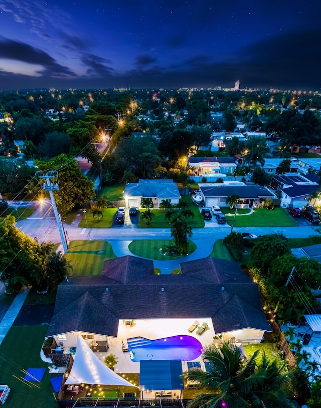 view of aerial view at dusk