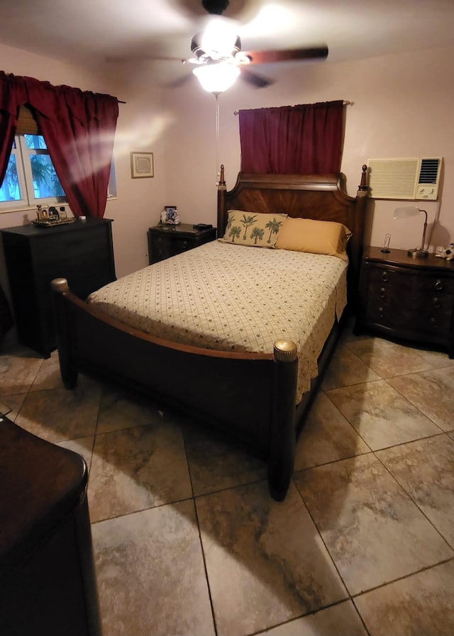 tiled bedroom featuring ceiling fan and a wall mounted AC