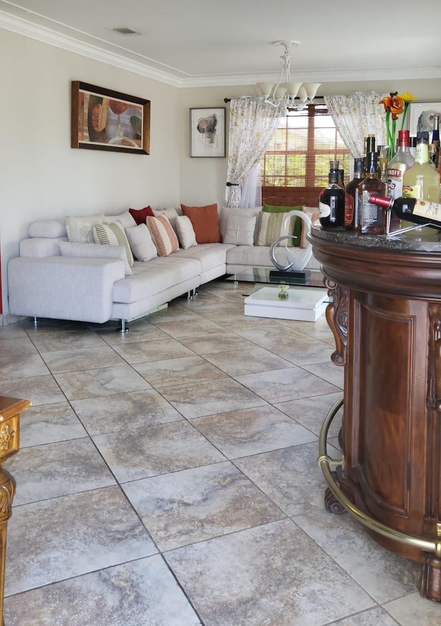 tiled living room featuring a notable chandelier and ornamental molding