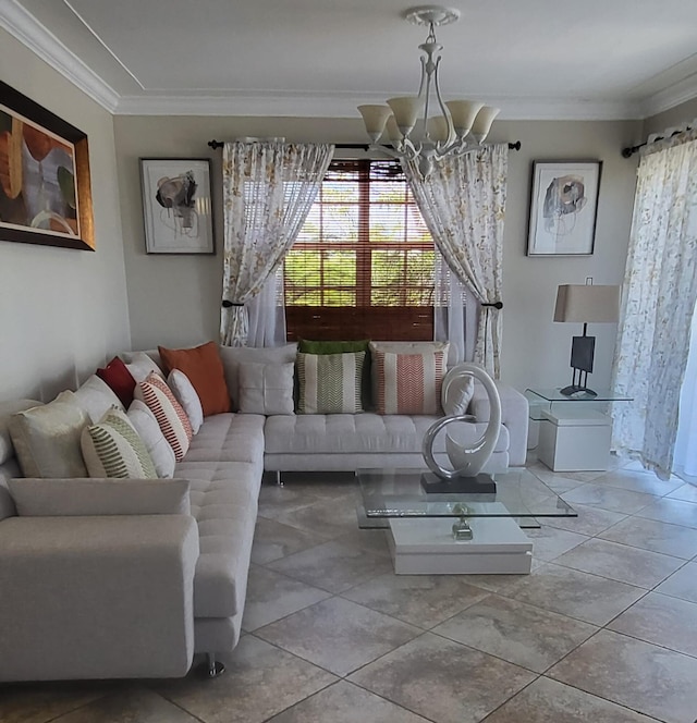 tiled living room with crown molding and a chandelier