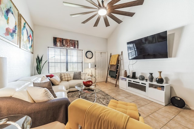 living room featuring lofted ceiling and light tile patterned floors