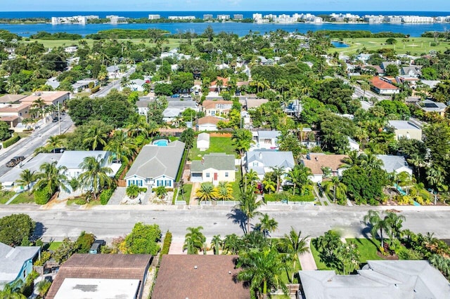 bird's eye view with a water view